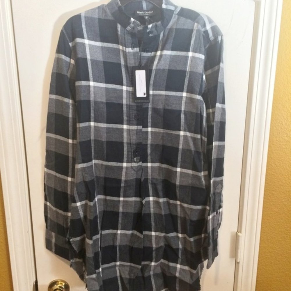 Black Orchid women's S button up flannel half collar long line tunic shirt top